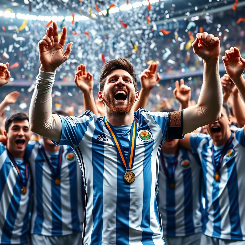 An inspiring image of Lionel Messi celebrating triumphantly after winning the Copa America in 2021 with the Argentine national team