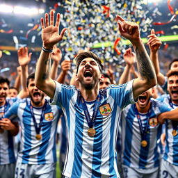 An inspiring image of Lionel Messi celebrating triumphantly after winning the Copa America in 2021 with the Argentine national team
