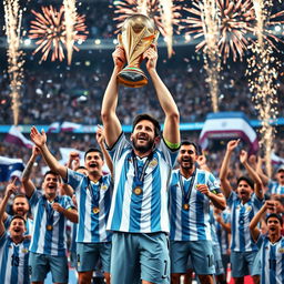 An uplifting and triumphant image of Lionel Messi lifting the World Cup trophy high above his head during the 2022 Qatar World Cup
