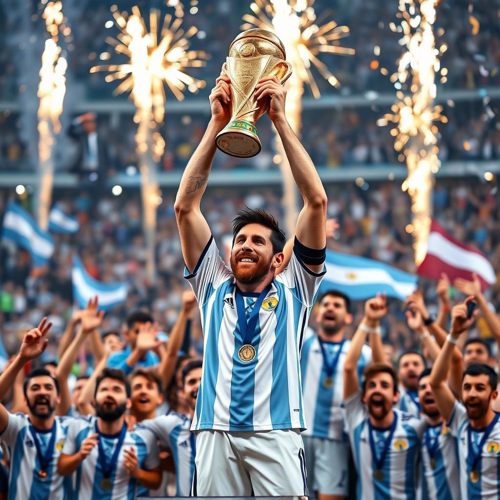 An uplifting and triumphant image of Lionel Messi lifting the World Cup trophy high above his head during the 2022 Qatar World Cup