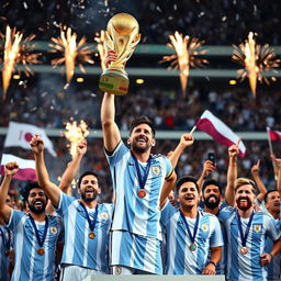 An uplifting and triumphant image of Lionel Messi lifting the World Cup trophy high above his head during the 2022 Qatar World Cup