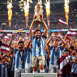 An uplifting and triumphant image of Lionel Messi lifting the World Cup trophy high above his head during the 2022 Qatar World Cup