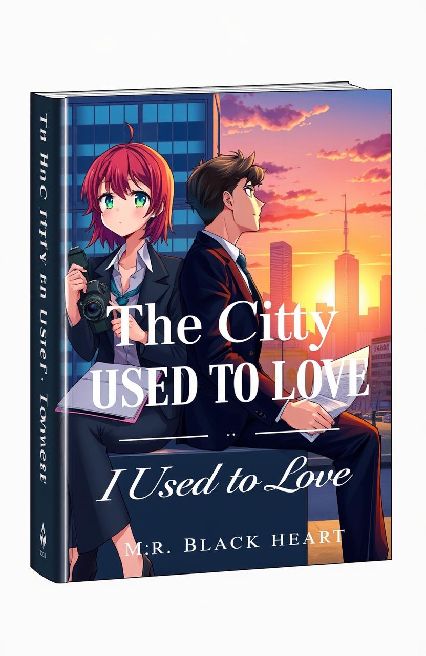 A captivating book cover featuring an anime-style journalist woman and a lawyer man, both sitting together in an urban setting, showcasing a blend of their professions