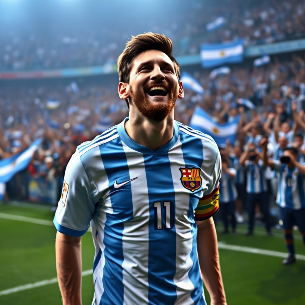 A powerful image of Lionel Messi with tears of joy in his eyes, celebrating a monumental achievement in soccer, surrounded by a cheering crowd