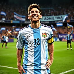 A powerful image of Lionel Messi with tears of joy in his eyes, celebrating a monumental achievement in soccer, surrounded by a cheering crowd