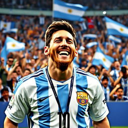 A powerful image of Lionel Messi with tears of joy in his eyes, celebrating a monumental achievement in soccer, surrounded by a cheering crowd