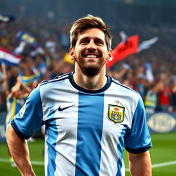 A poignant image capturing Lionel Messi with tears of joy in his eyes, standing proud on the soccer field, showing the world his unyielding spirit