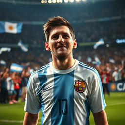 A poignant image capturing Lionel Messi with tears of joy in his eyes, standing proud on the soccer field, showing the world his unyielding spirit