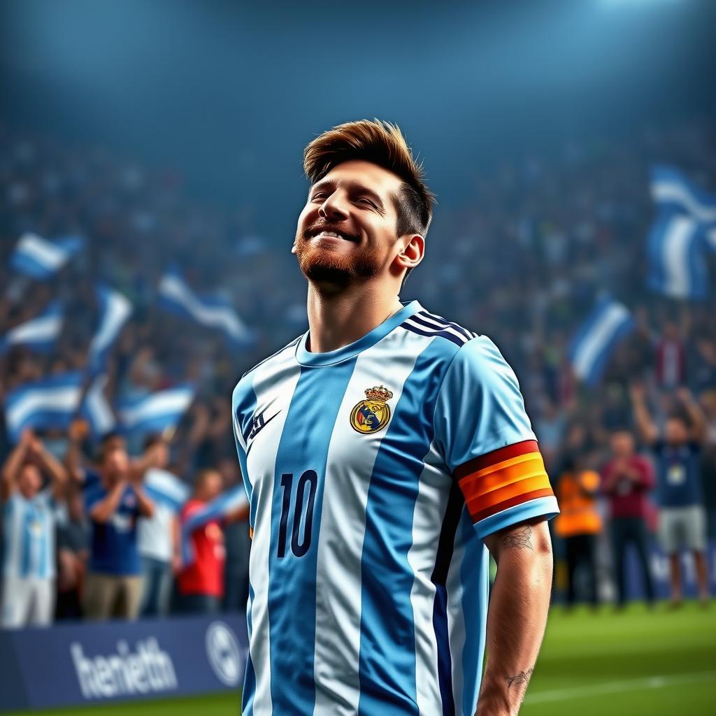 A poignant image capturing Lionel Messi with tears of joy in his eyes, standing proud on the soccer field, showing the world his unyielding spirit