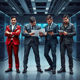 An engaging portrayal of four fragrances personified as electrical engineers in stylish suits