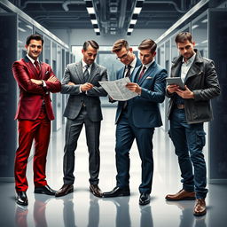 An engaging portrayal of four fragrances personified as electrical engineers in stylish suits