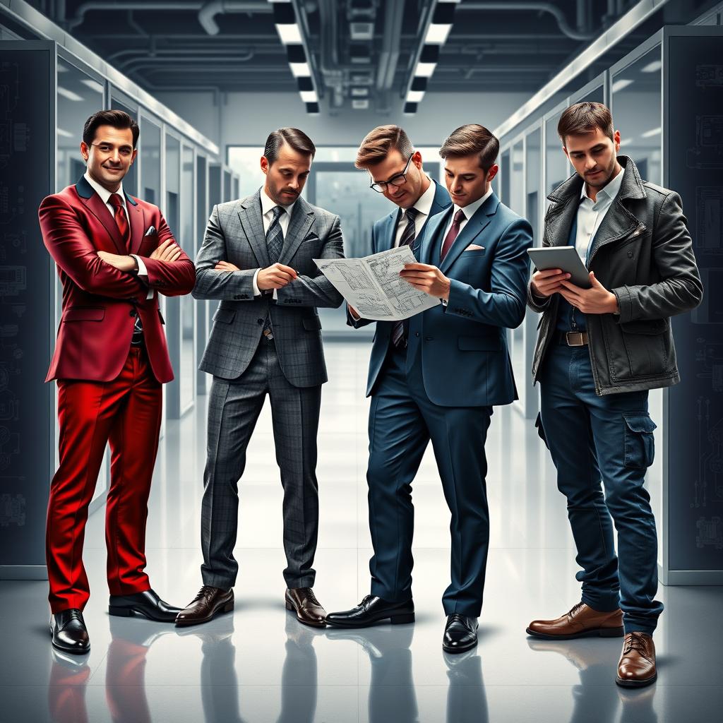 An engaging portrayal of four fragrances personified as electrical engineers in stylish suits