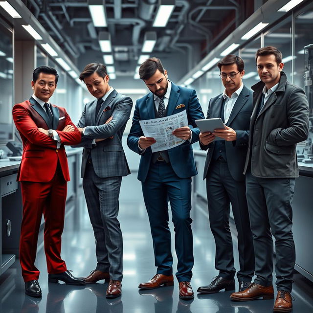 An engaging portrayal of four fragrances personified as electrical engineers in stylish suits