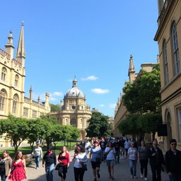 A vibrant and scenic walking tour of Oxford University, showcasing the iconic architecture of the colleges, with ornate spires and historic buildings