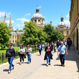 A vibrant and scenic walking tour of Oxford University, showcasing the iconic architecture of the colleges, with ornate spires and historic buildings