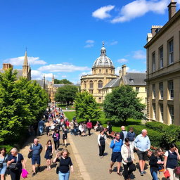 A vibrant and scenic walking tour of Oxford University, showcasing the iconic architecture of the colleges, with ornate spires and historic buildings