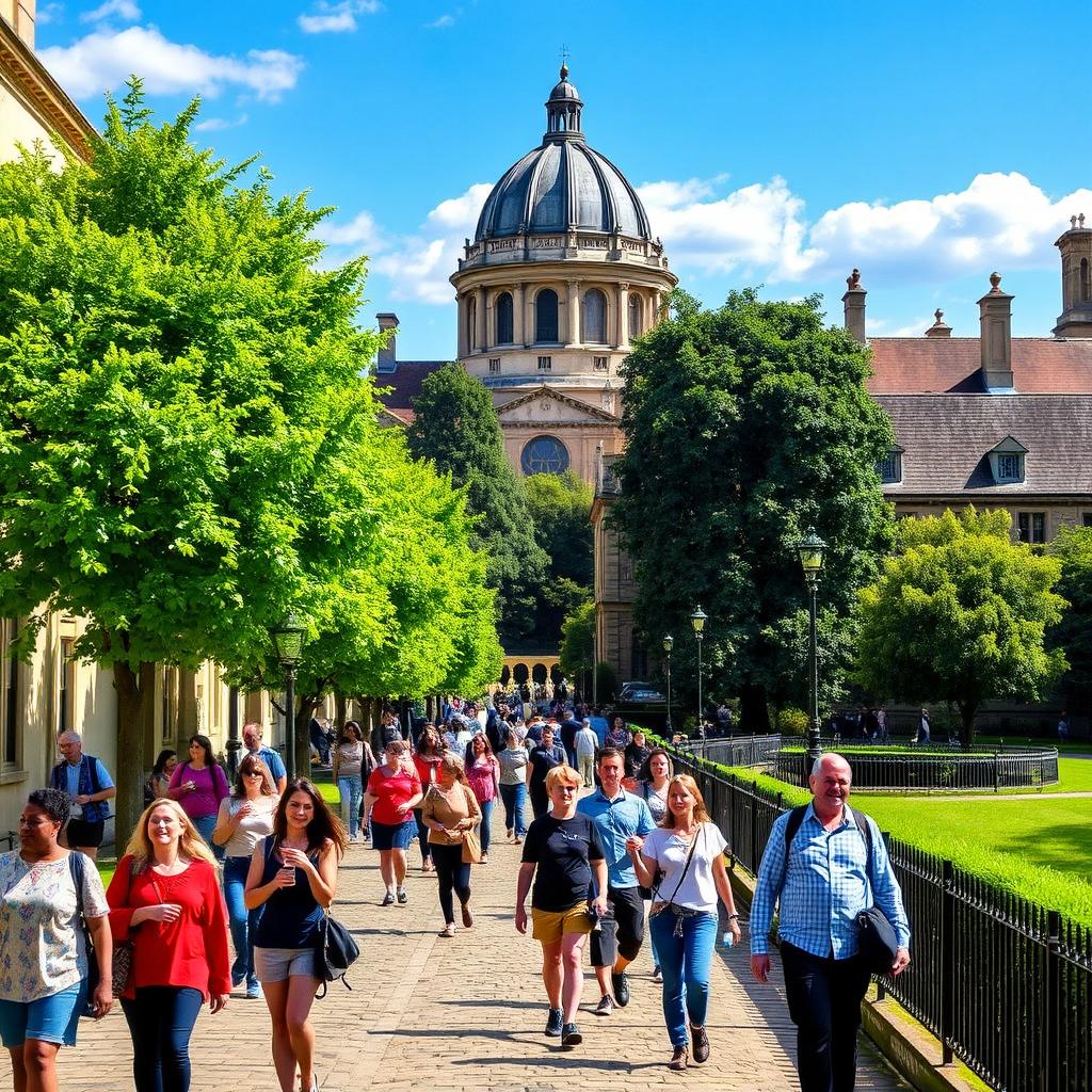 A vibrant and scenic walking tour of Oxford University, showcasing the iconic architecture of the colleges, with ornate spires and historic buildings
