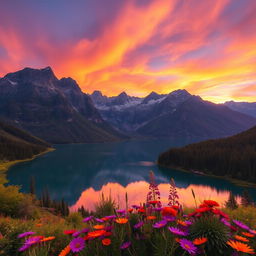 A stunningly beautiful landscape featuring a serene lake surrounded by majestic mountains, with lush greenery and vibrant wildflowers in the foreground