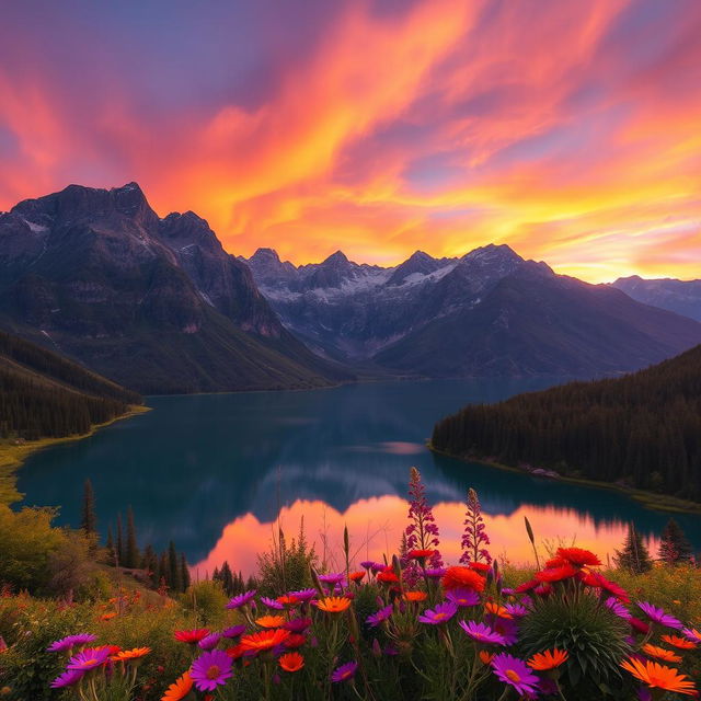 A stunningly beautiful landscape featuring a serene lake surrounded by majestic mountains, with lush greenery and vibrant wildflowers in the foreground
