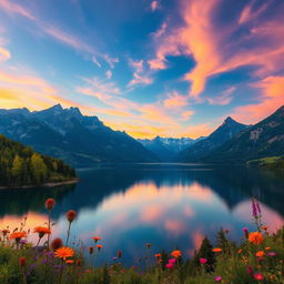 A stunningly beautiful landscape featuring a serene lake surrounded by majestic mountains, with lush greenery and vibrant wildflowers in the foreground