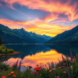 A stunningly beautiful landscape featuring a serene lake surrounded by majestic mountains, with lush greenery and vibrant wildflowers in the foreground