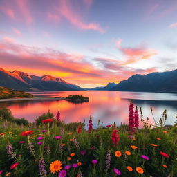 A stunningly beautiful landscape featuring a serene lake surrounded by majestic mountains, with lush greenery and vibrant wildflowers in the foreground