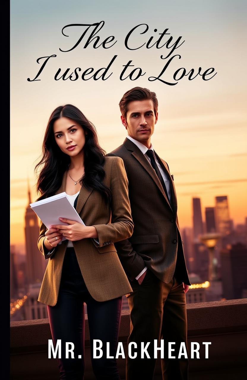A captivating book cover featuring a stylish, confident female journalist with long dark hair, wearing a chic blazer and holding a notepad