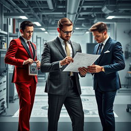 An eye-catching depiction of three fragrances represented as electrical engineers in sophisticated suits