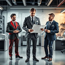 An eye-catching depiction of three fragrances represented as electrical engineers in sophisticated suits