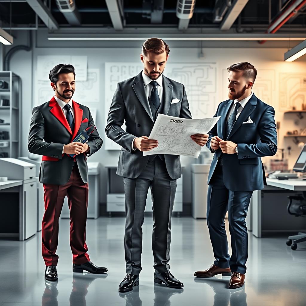 An eye-catching depiction of three fragrances represented as electrical engineers in sophisticated suits