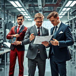An eye-catching depiction of three fragrances represented as electrical engineers in sophisticated suits