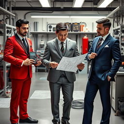 An eye-catching depiction of three fragrances represented as electrical engineers in sophisticated suits