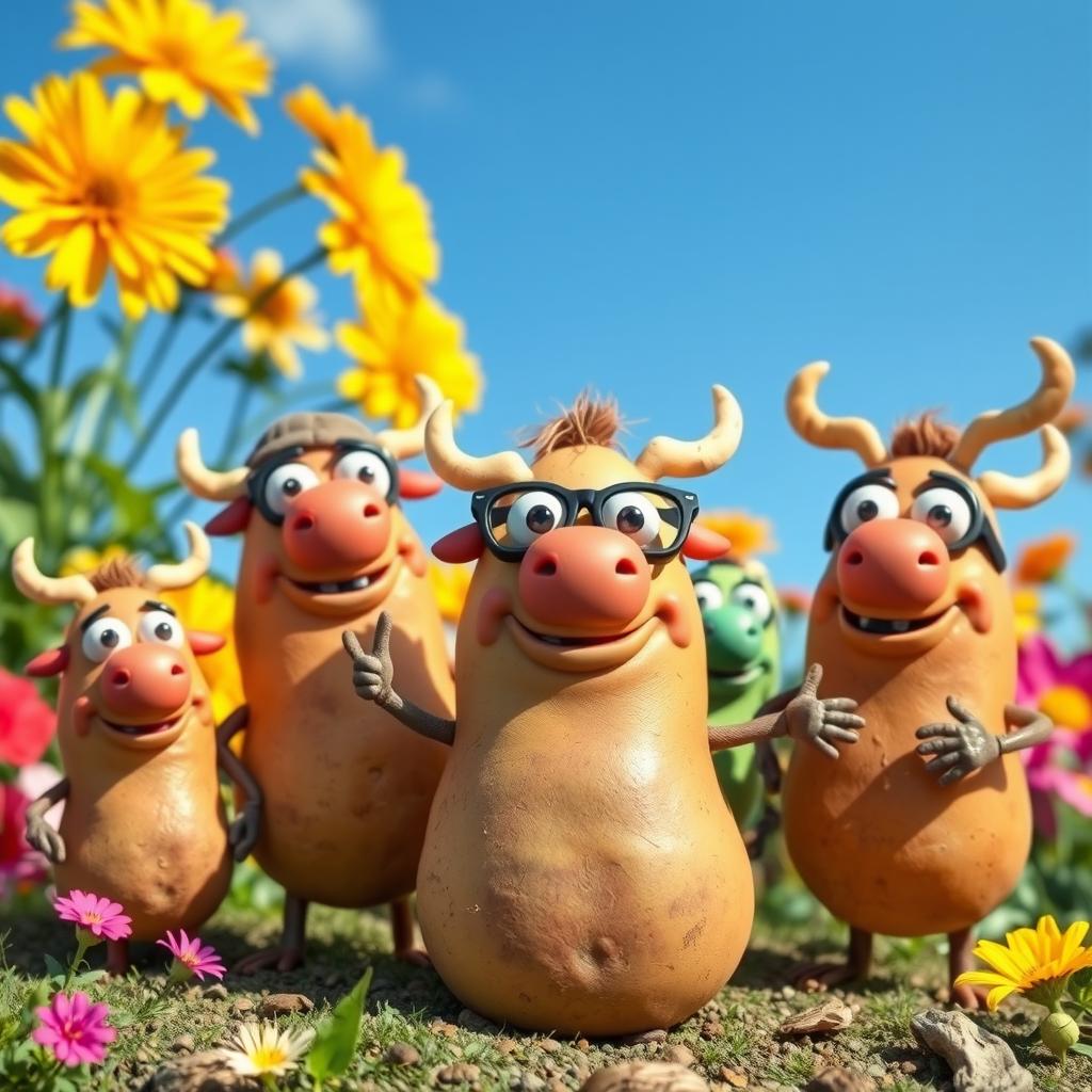 A whimsical scene featuring a group of anthropomorphic potatoes called 'Mooskis'