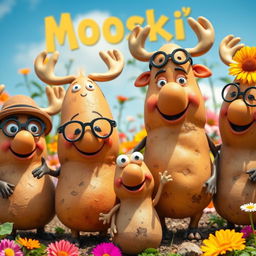 A whimsical scene featuring a group of anthropomorphic potatoes called 'Mooskis'