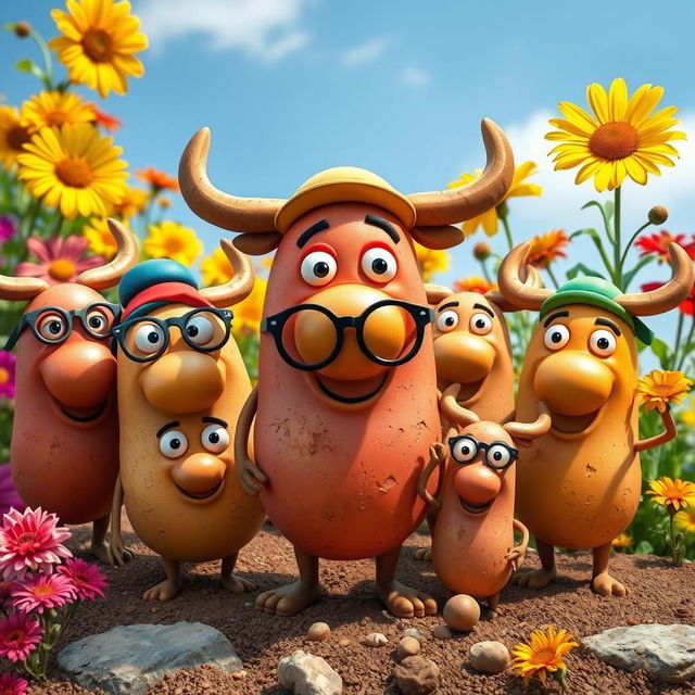 A whimsical scene featuring a group of anthropomorphic potatoes called 'Mooskis'
