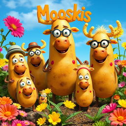 A whimsical scene featuring a group of anthropomorphic potatoes called 'Mooskis'