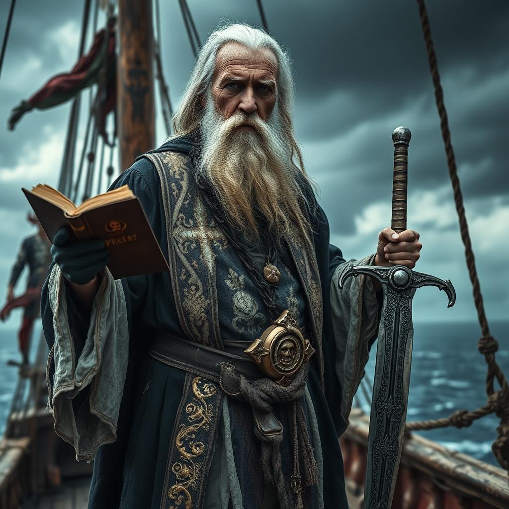 An old pirate priest standing on the deck of a weathered ship, with a tattered black and white robe adorned with gold embellishments