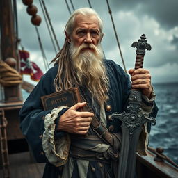 An old pirate priest standing on the deck of a weathered ship, with a tattered black and white robe adorned with gold embellishments