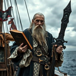 An old pirate priest standing on the deck of a weathered ship, with a tattered black and white robe adorned with gold embellishments