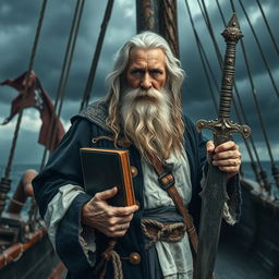An old pirate priest standing on the deck of a weathered ship, with a tattered black and white robe adorned with gold embellishments