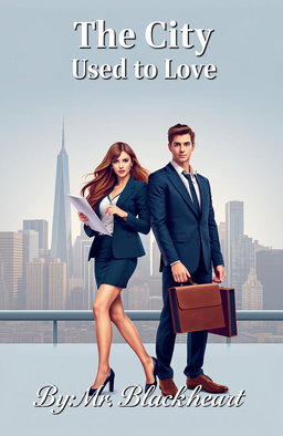 A stylish book cover featuring a young female journalist and a male lawyer set against a modern urban backdrop
