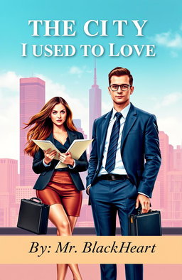 A stylish book cover featuring a young female journalist and a male lawyer set against a modern urban backdrop