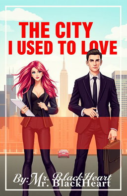 A stylish book cover featuring a young female journalist and a male lawyer set against a modern urban backdrop
