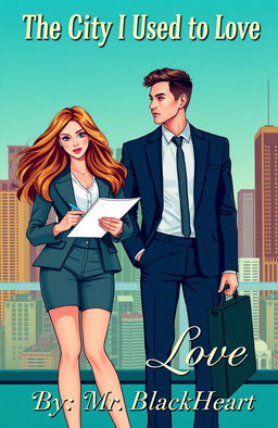 A stylish book cover featuring a young female journalist and a male lawyer set against a modern urban backdrop