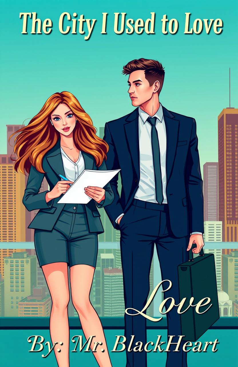 A stylish book cover featuring a young female journalist and a male lawyer set against a modern urban backdrop