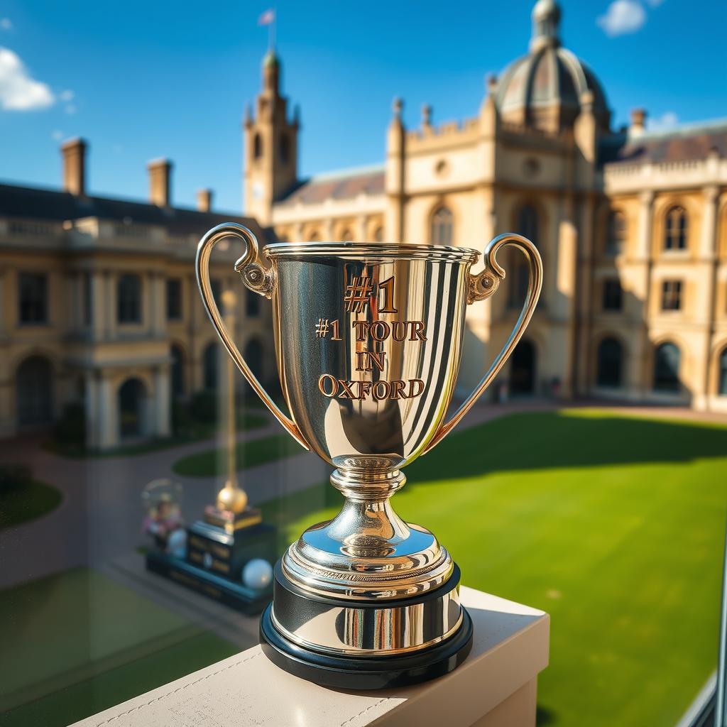 A close-up view of a gleaming trophy placed on a window ledge, prominently featuring the inscription '#1 Tour in Oxford'