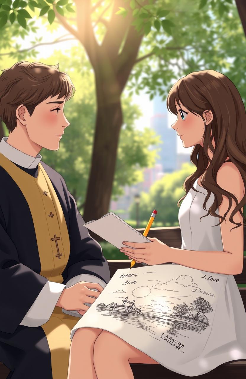 A heartfelt scene depicting a seminarian in traditional clerical clothing having a deep conversation with a normal girl holding a sketchbook and pencil