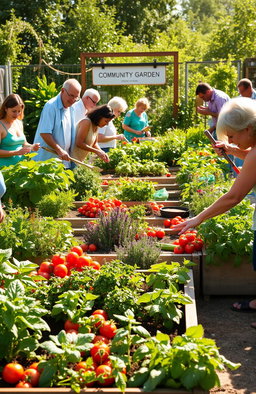 A vibrant community garden scene, showcasing a variety of vegetables and flowers, with diverse individuals tending to the plants