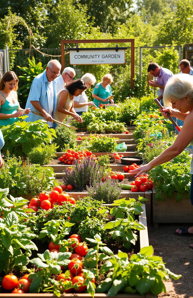 A vibrant community garden scene, showcasing a variety of vegetables and flowers, with diverse individuals tending to the plants