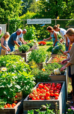 A vibrant community garden scene, showcasing a variety of vegetables and flowers, with diverse individuals tending to the plants